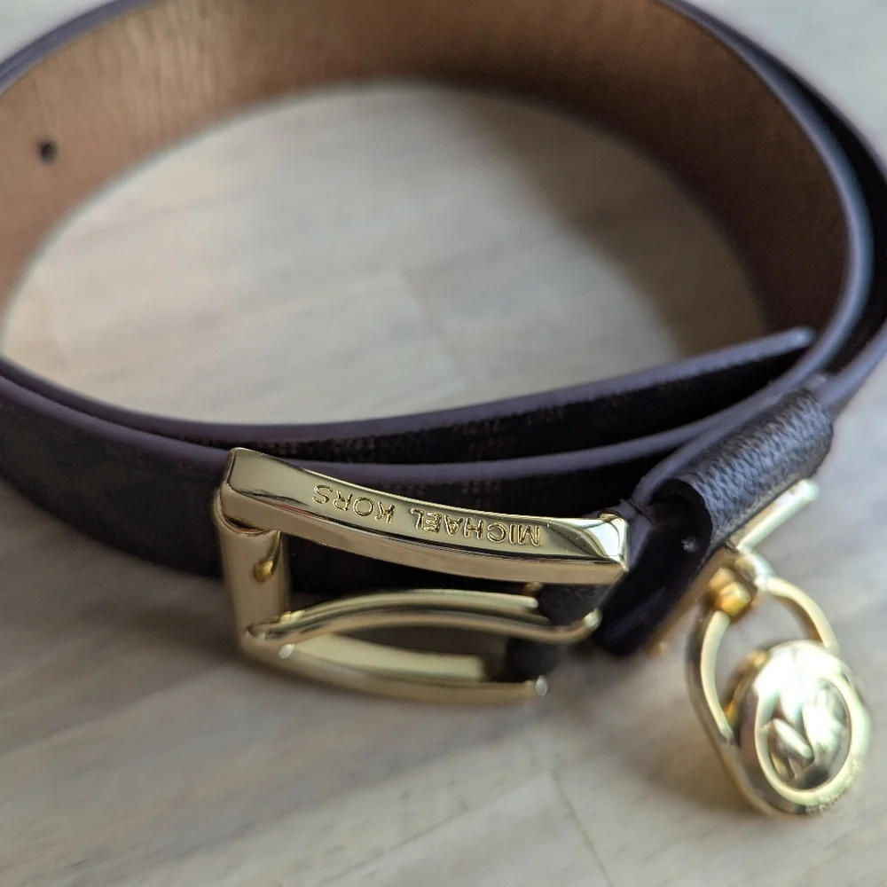 Michael Kors‎ Women's MK Signature Hamilton Lock Monogram Belt Chocolate